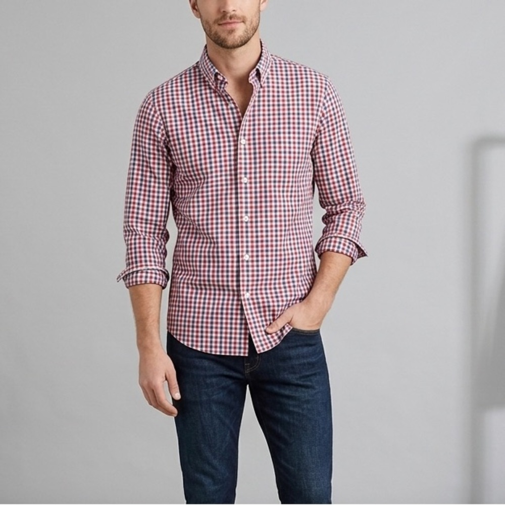 J.Crew Mens Slim Fit Red White Blue Plaid Long Sleeve Button Down Shirt